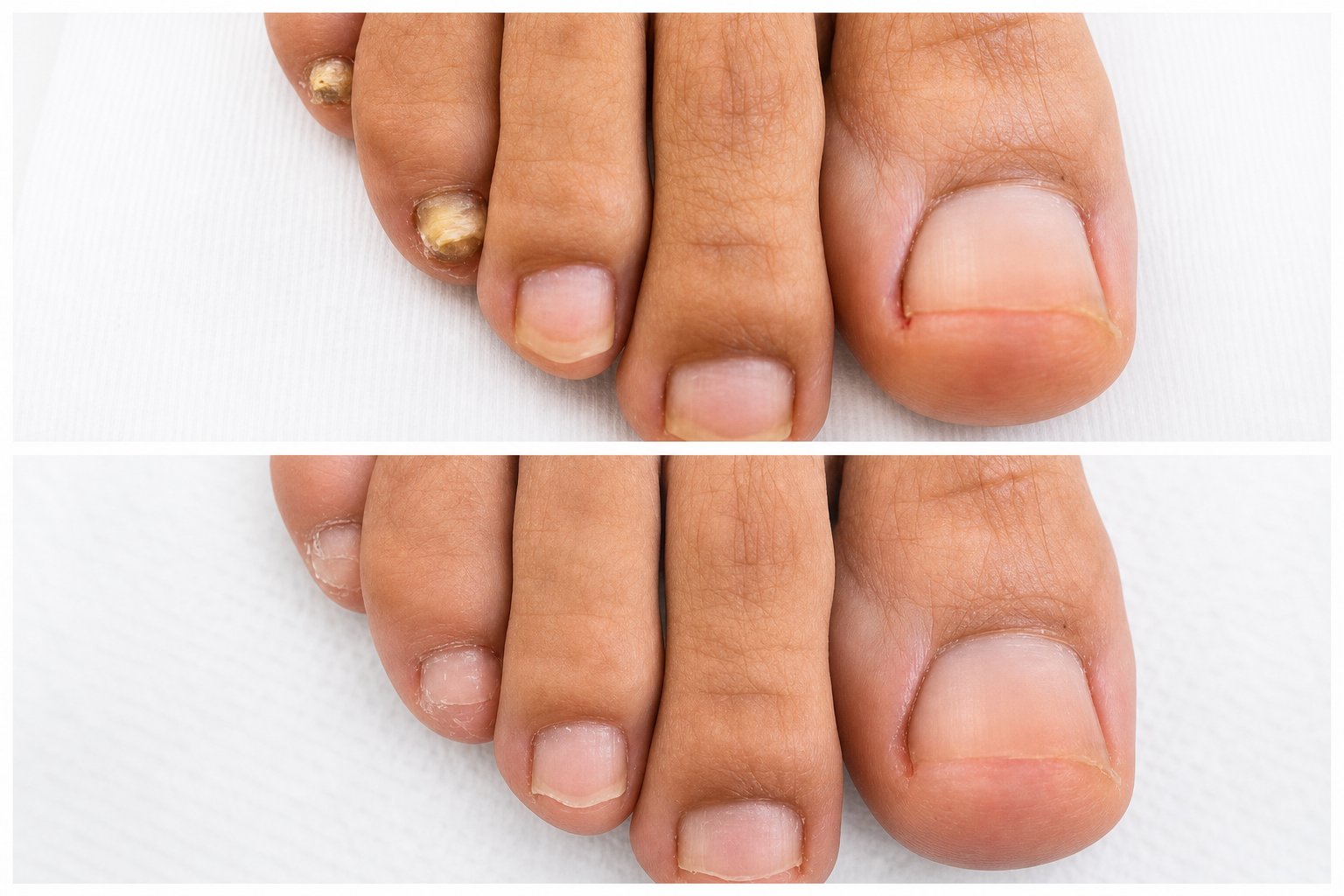 Antes y después de tratamiento para onicomicosis